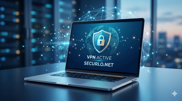 laptop z ikoną bezpieczeństwa VPN Securlo.net