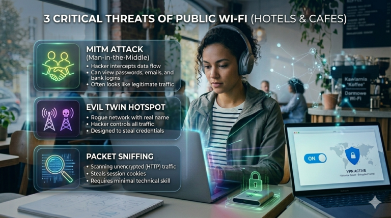 Is Public Wi-Fi in Hotels and Cafes Secure?  Learn about MitM attacks and how to protect your data in public networks. Compare the top 10 professional VPNs of 2026 to stay safe online.